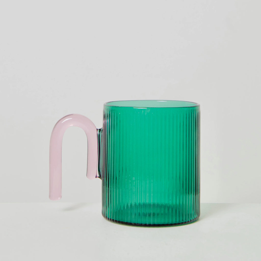 Archer Ribbed Glass Cup - Bottle Green & Taffy Pink