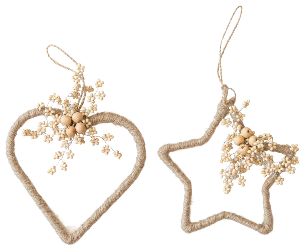Beaded Heart & Star Hanging Decoration Natural