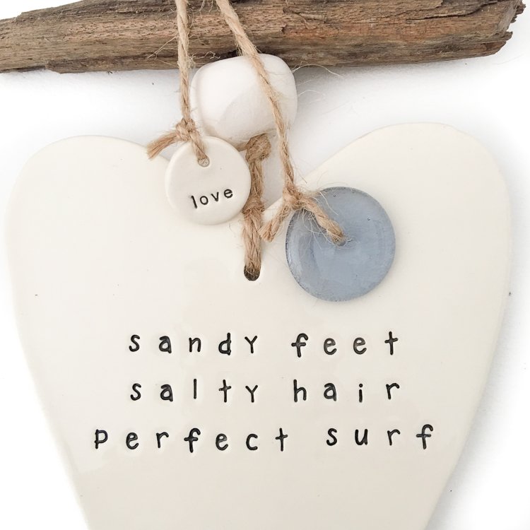 Handmade Ceramic Heart Wall Hanging Cream 'sandy feet, salty hair, perfect surf'