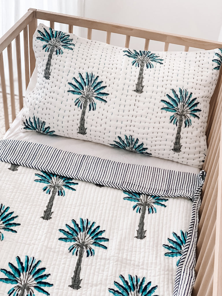 Kantha Cot Quilt ~ Blue Palm Springs